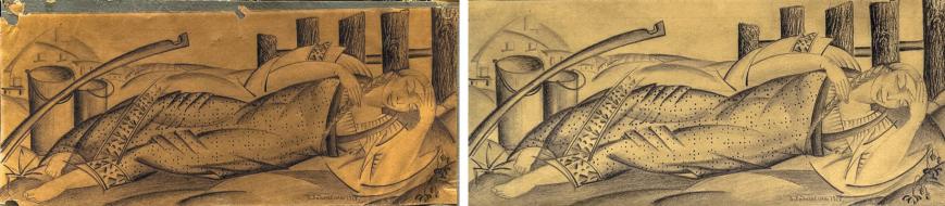 Ходасевич В.М. Спящая крестьянка. Бумага, свинцовый карандаш. 13,5х31 Астраханская государственная картинная галерея им. П.М. Догадина Художник-реставратор Д.А. Щетанова. Вид до и после реставрации