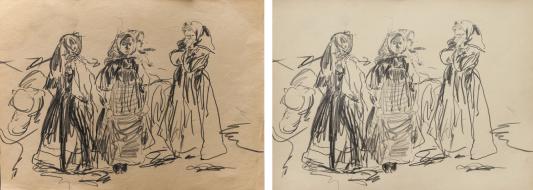 Малявин Ф.А. (1869-1940). Крестьянские девочки. Бумага, карандаш. 27х21. Астраханская государственная картинная галерея им. П.М. Догадина. Художник-реставратор Ю.В. Савкова. Вид до и после реставрации